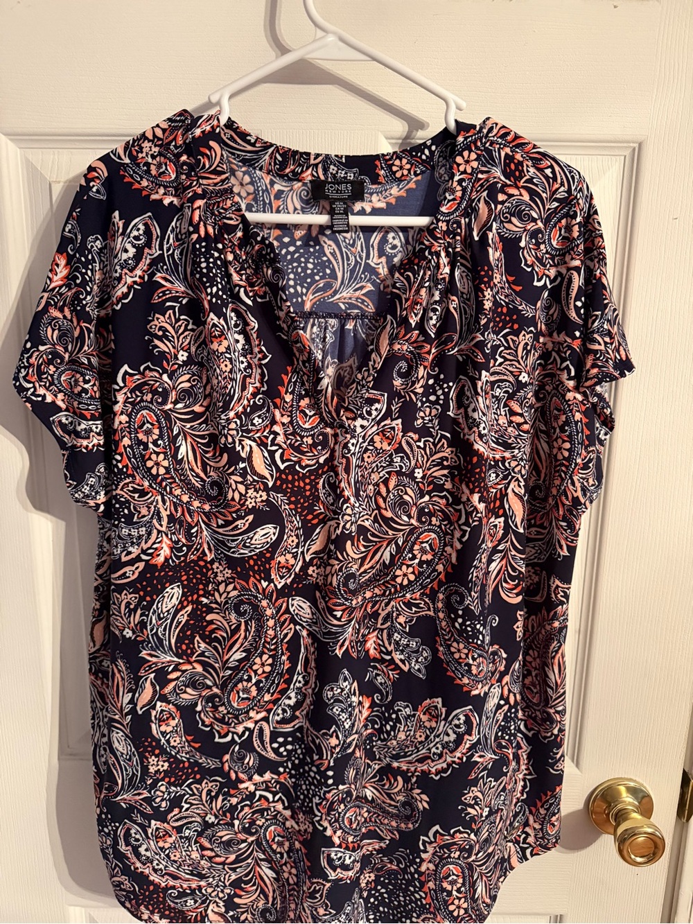 Jones New York Navy Paisley Short Sleeve Blouse with Coral & White Accents